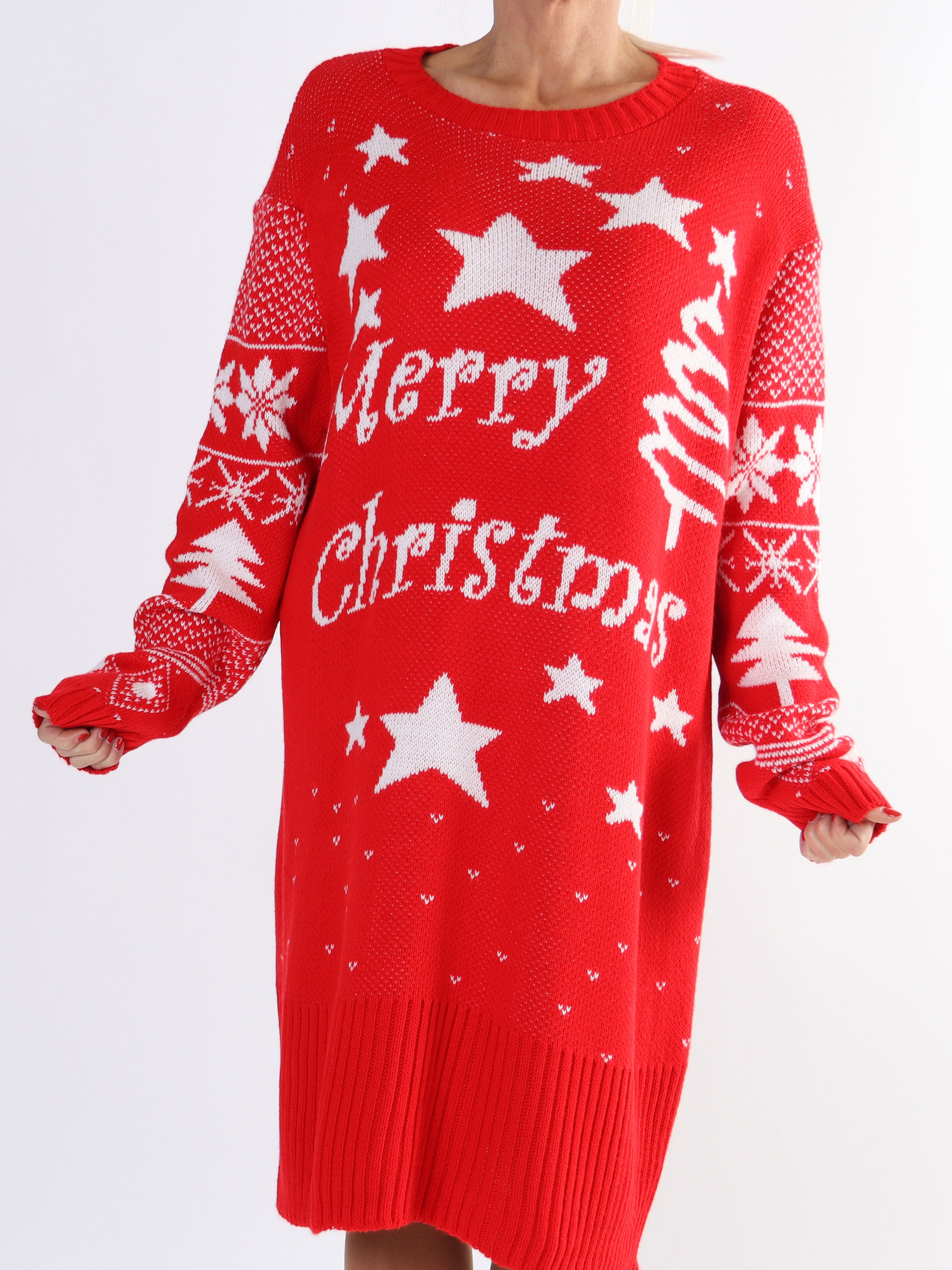 Christmas - Plus size julestrikkjole med merry christmas stående